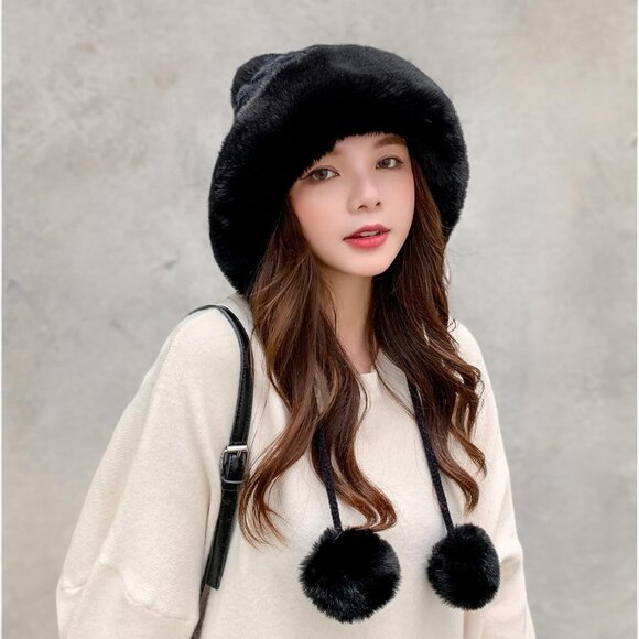 Women's Fur Hat with Pompom Winter Knit Beanie Russian Ushanka Trapper Ear Cover - Picture 7 of 7